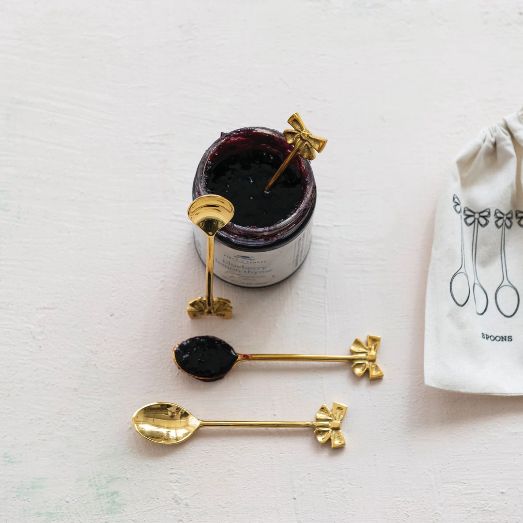Brass Spoons with Bow Shaped Handles Drawstring Bag Set/4 - Sold as Set