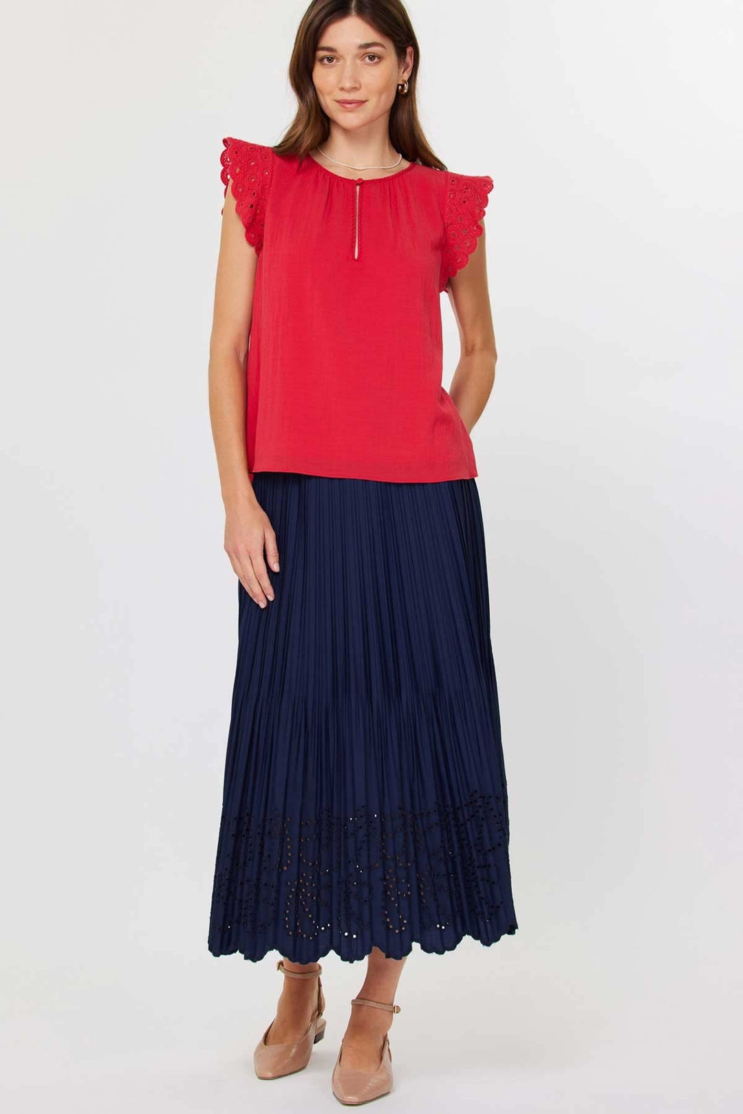 Red round-neck crochet blouse with short sleeves, front buttons, and a neck stitch detail.