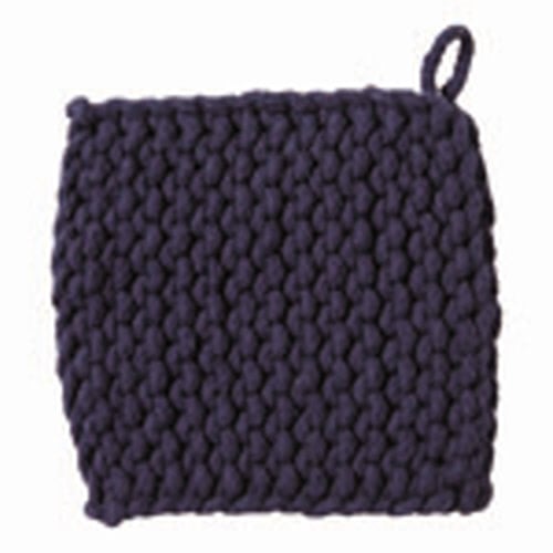 Midnight blue cotton crochet trivet with a textured openwork pattern.