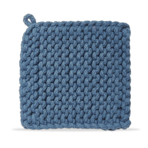 Hand-crocheted blue cotton trivet with a textured circular pattern.