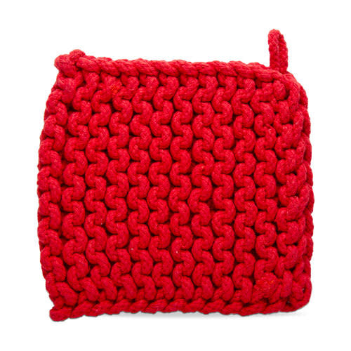 Red cotton crochet trivet with a textured circular shape