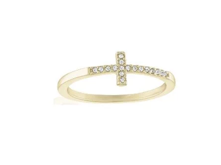 Gold layered cross ring with stacked geometric bands