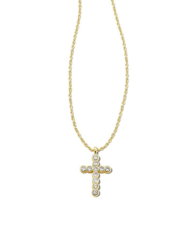 Gold rhodium cross pendant necklace on a white crystal chain with adjustable slider clasp