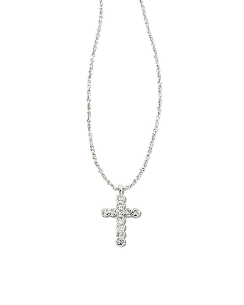 Silver rhodium cross pendant necklace on a white crystal chain with adjustable slider clasp.