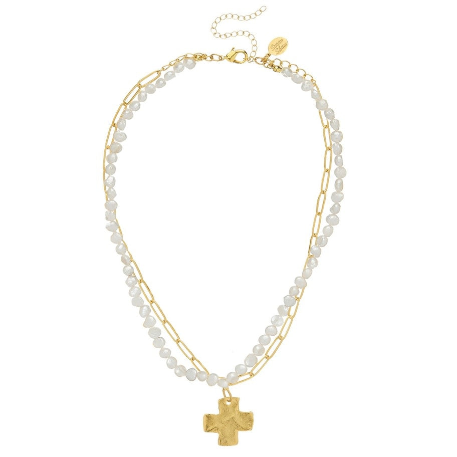 Dainty double-strand necklace with freshwater pearls, paperclip chain, and cross pendant in silver tone.