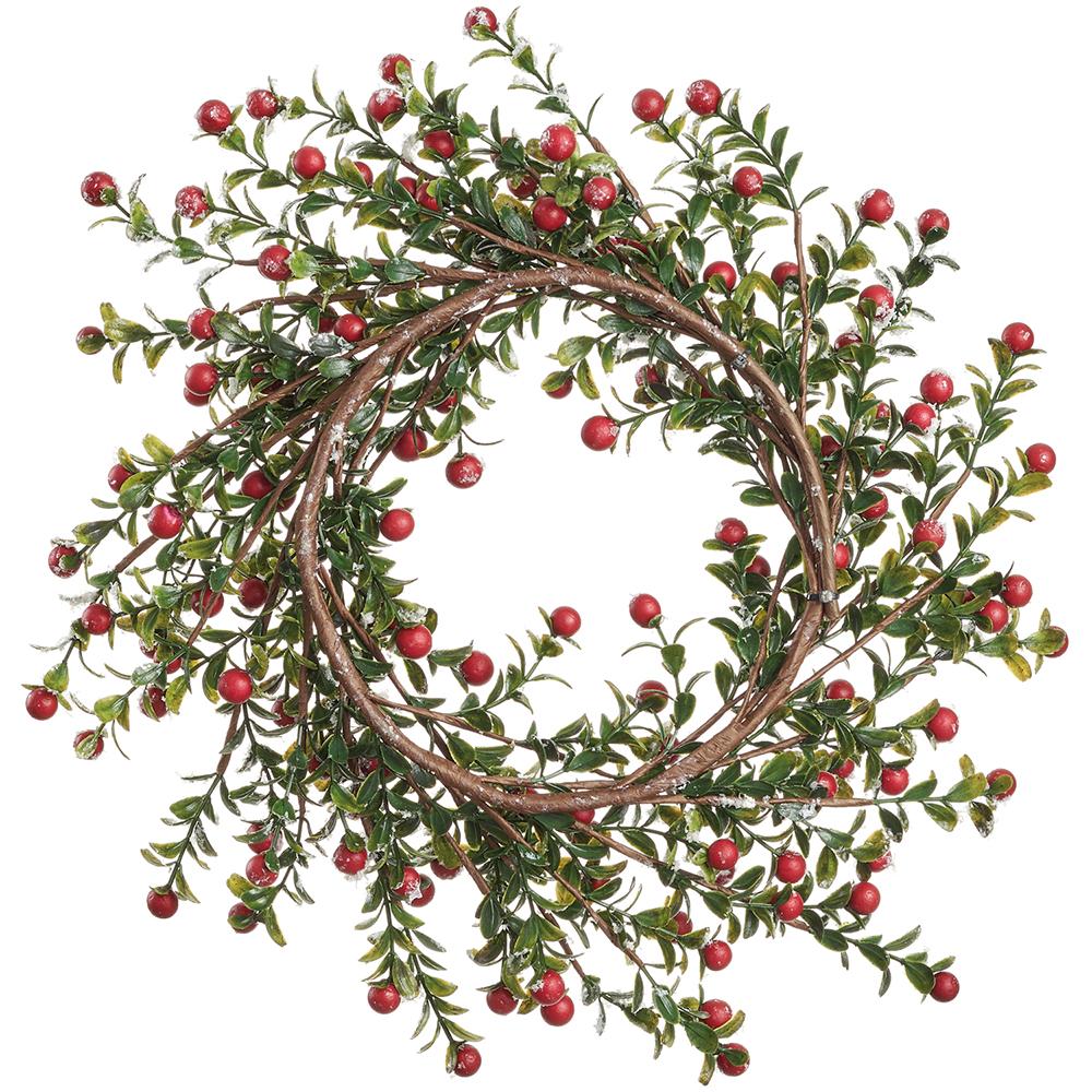 14-inch wreath with green leaves, red berries, and frosted snow accents on a brown twig base.