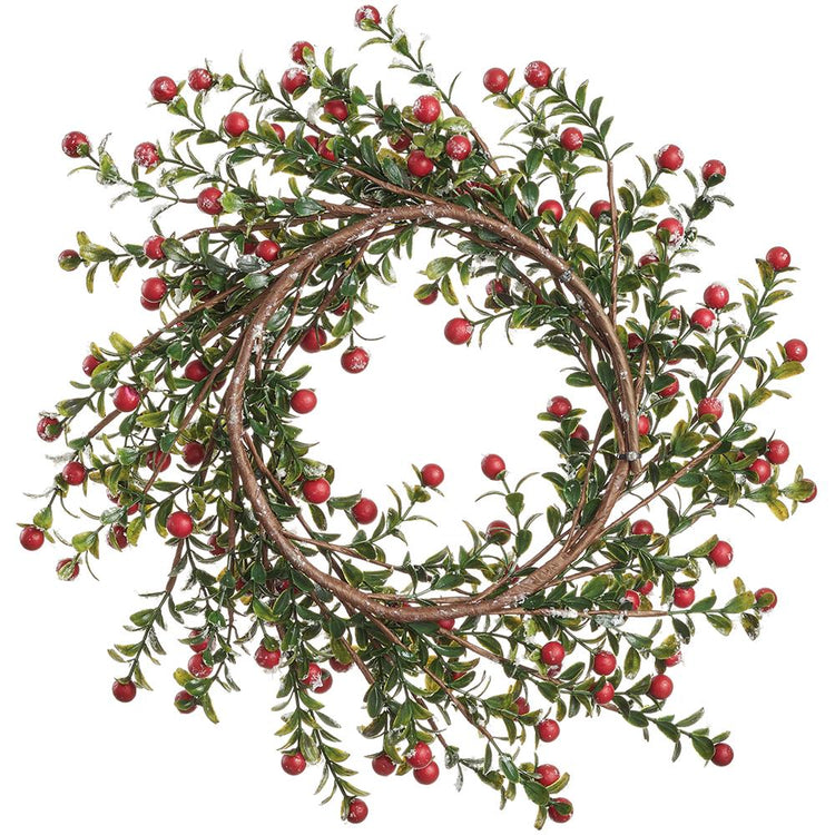 14-inch wreath with green leaves, red berries, and frosted snow accents on a brown twig base.