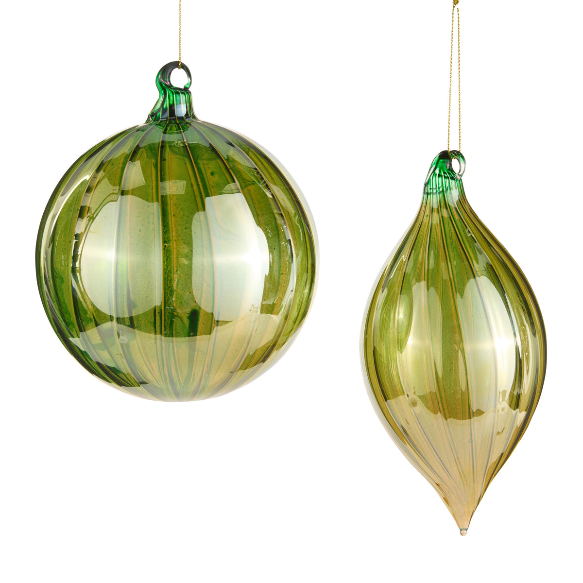 Two green iridescent glass ornaments, one round and one teardrop-shaped, with vertical ribbing.