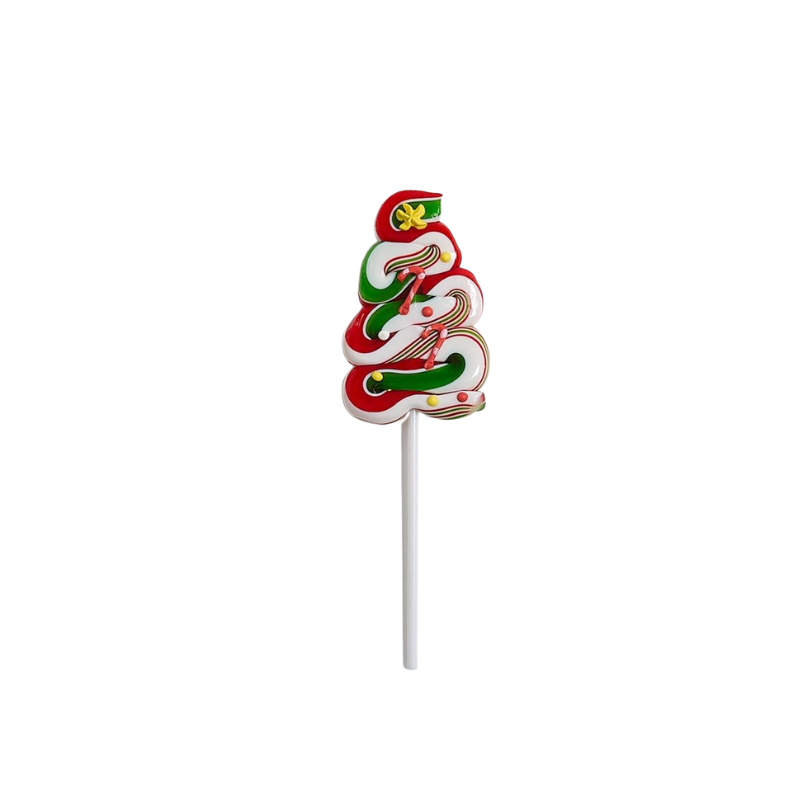 Peppermint Christmas tree swirl lollipop with red, green, and white stripes and icing decorations.