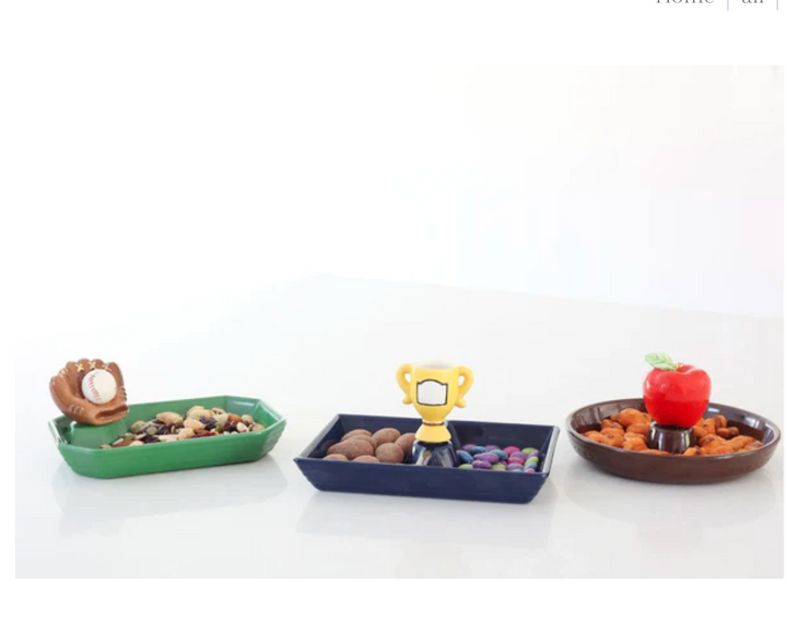 Three themed snack trays: a green baseball tray, a blue trophy tray, and a brown apple tray.