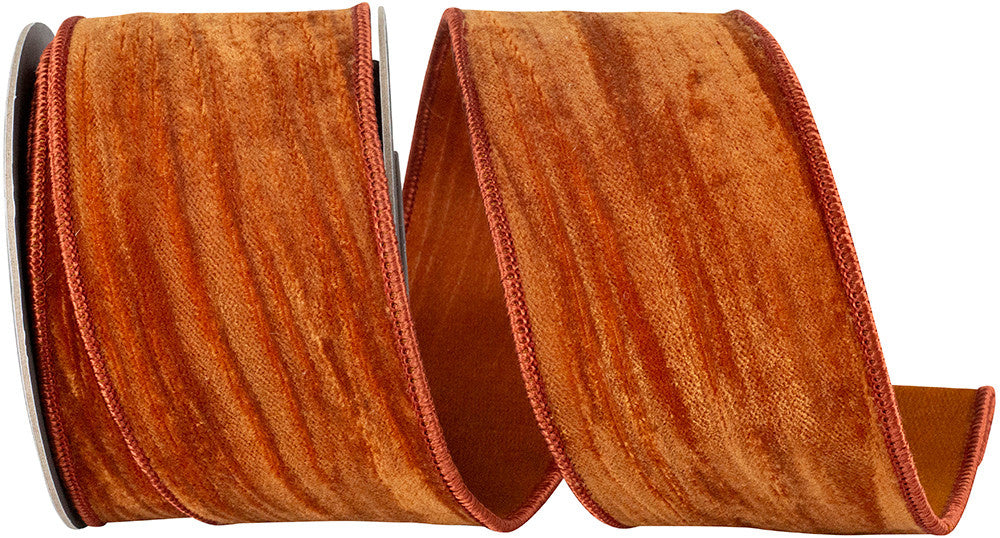 Roll of crushed velvet touch deluxe wired edge ribbon in a neutral tone with structured edges.