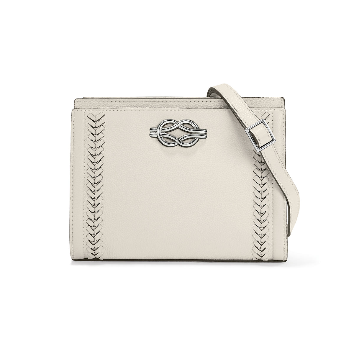 White leather Findley organizer shoe with adjustable strap and ziptop closure