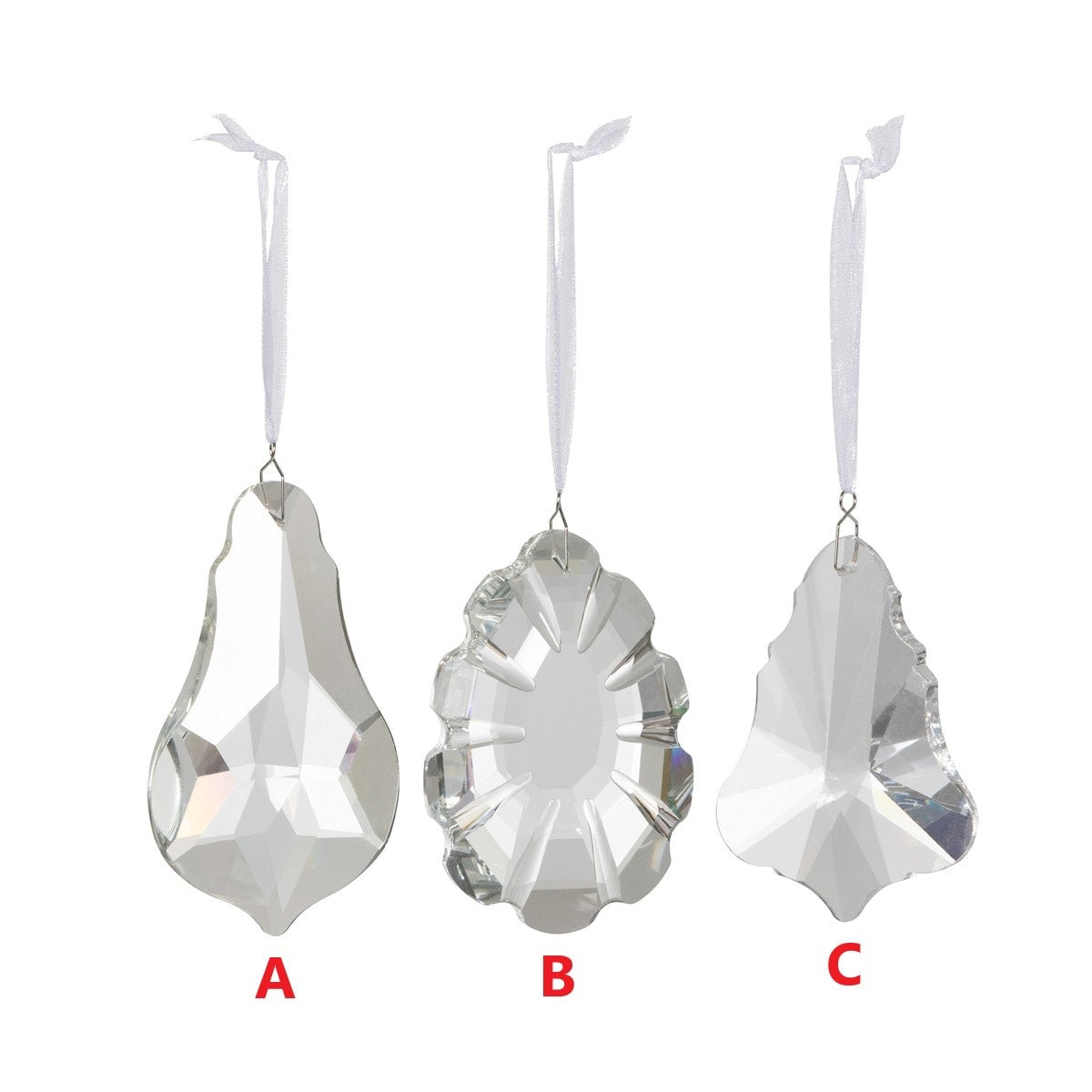 Clear glass crystal drop ornament with faceted facets hanging from a silver cap.
