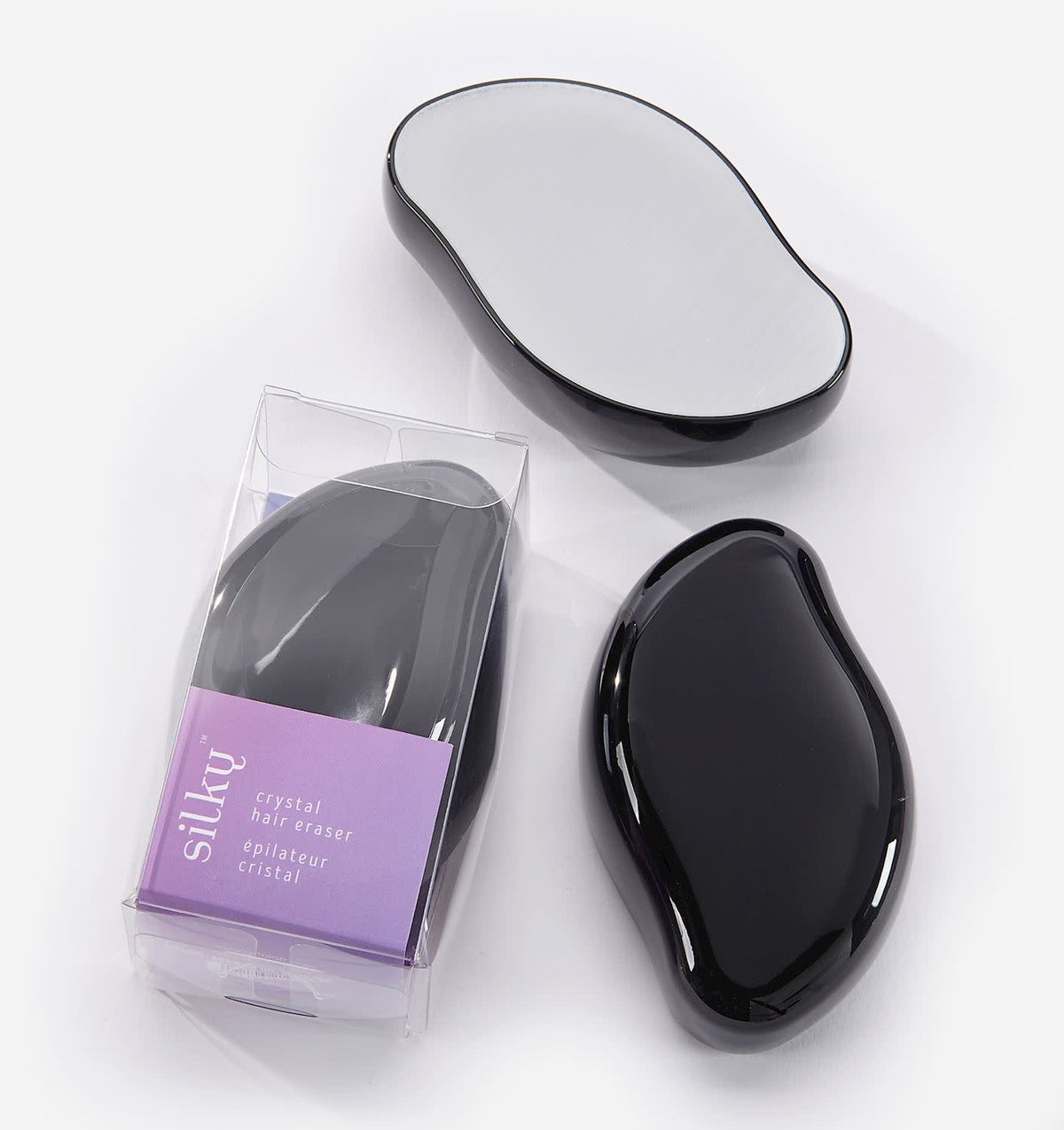 Black crystal hair eraser with mouse-like shape designed for smooth skin care.