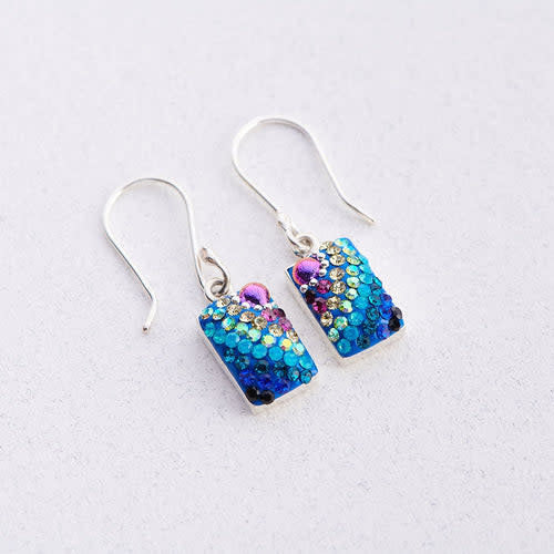 Petite multi-color Austrian crystal earrings in a solid silver setting with French wire backs.