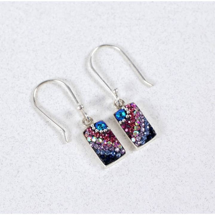 Petite sparkly earrings with multi-color Austrian crystals in a solid silver setting.