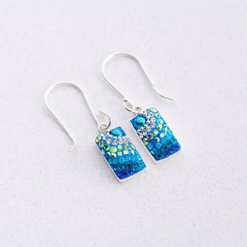 Petite sparkly earrings with multi-color Austrian crystals in a solid silver setting.