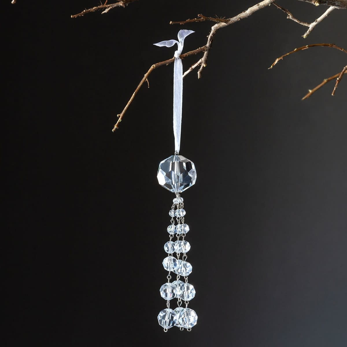 Clear glass crystal tassel ornament with hanging loop