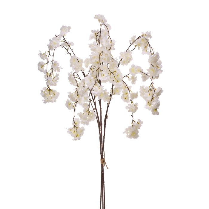 Three weeping cherry blossom branches in a bundle with pink flowers.