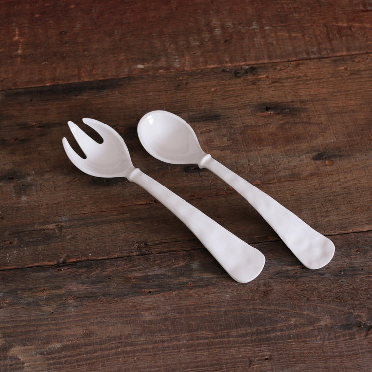 VIDA Havana white melamine large salad servers on a rustic wooden surface.