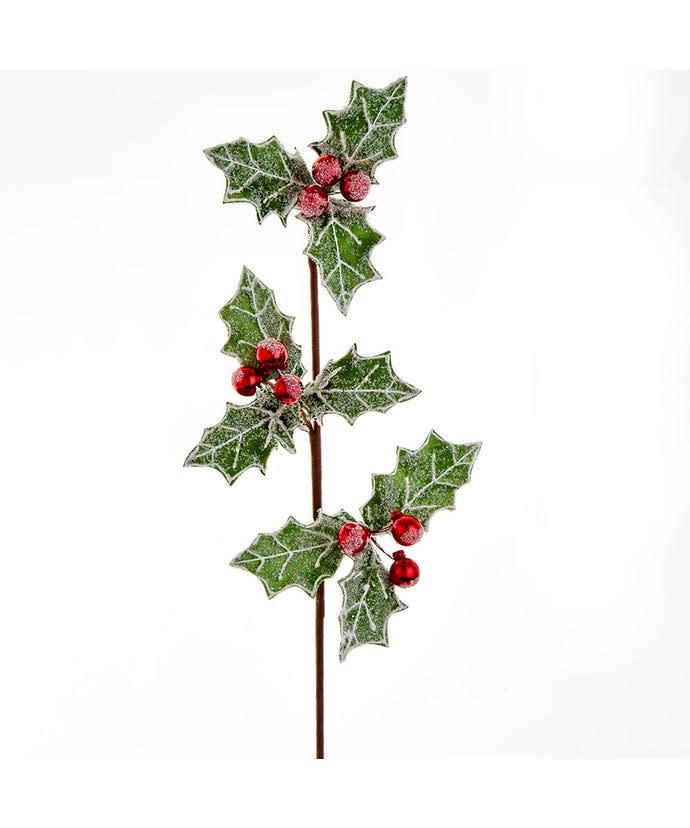 Glittered holly pick with green frosted leaves and clusters of shiny red berries on a brown stem.