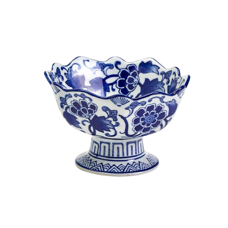 Blue and white hand-painted porcelain footed bowl with scalloped edges and lotus flower designs.