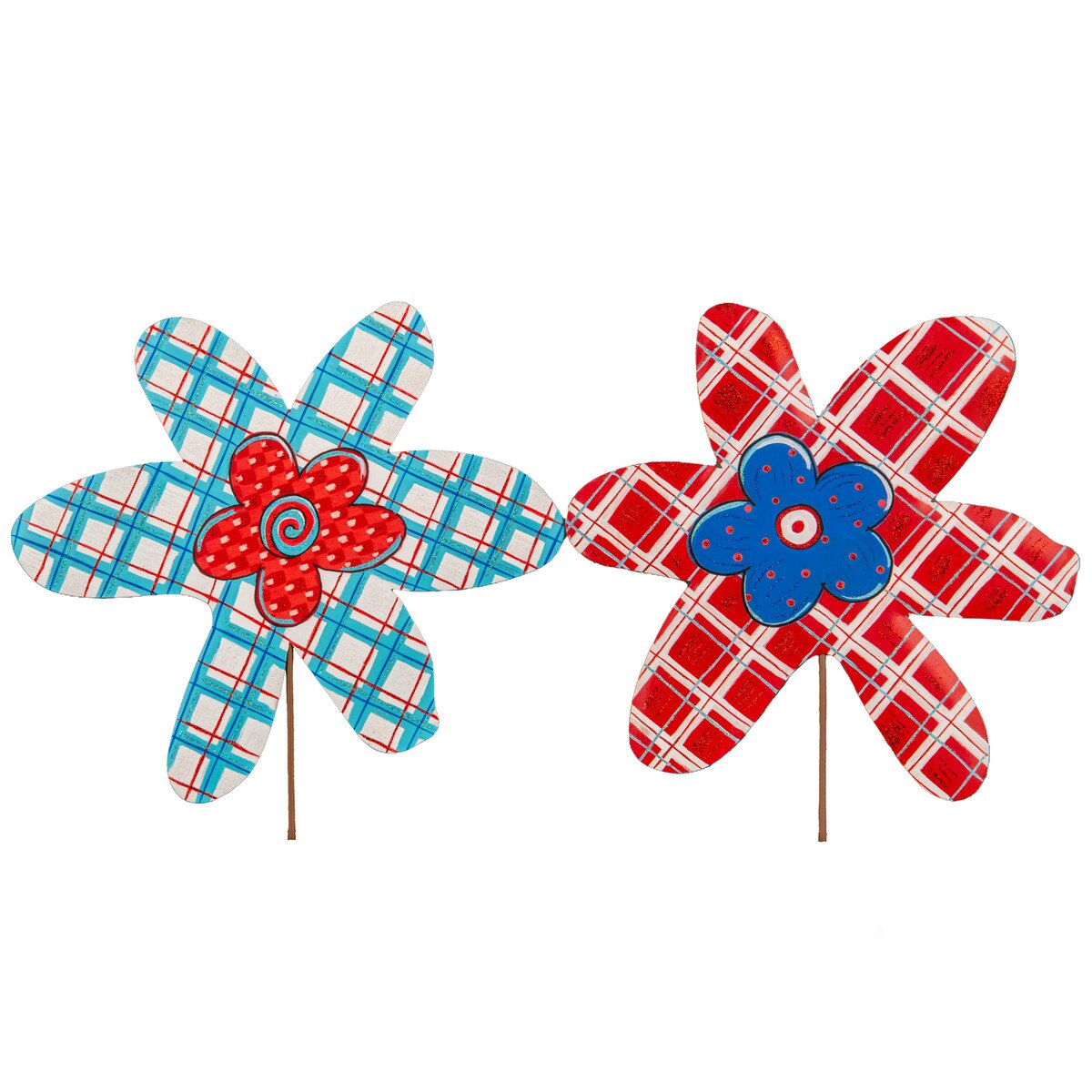 Whimsy Plaid Flower stake with a plaid-patterned fabric flower silhouette measuring 14 inches tall.