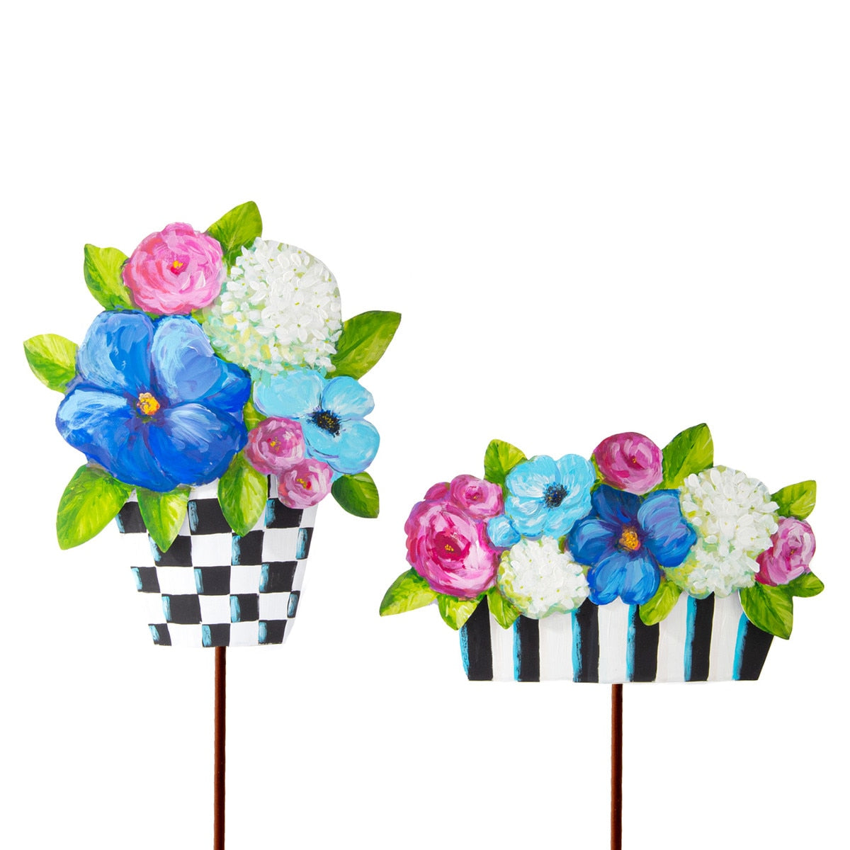 Elegant pots containing mixed flowers arranged in a decorative display.