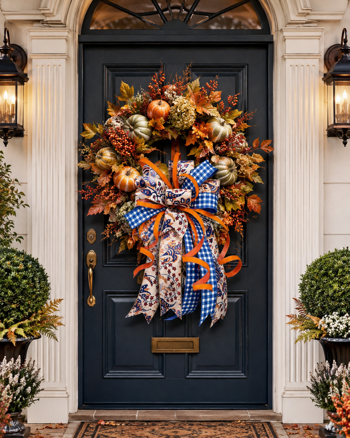 Handcrafted multi-layered bow with blue gingham and floral patterns on an autumn wreath.