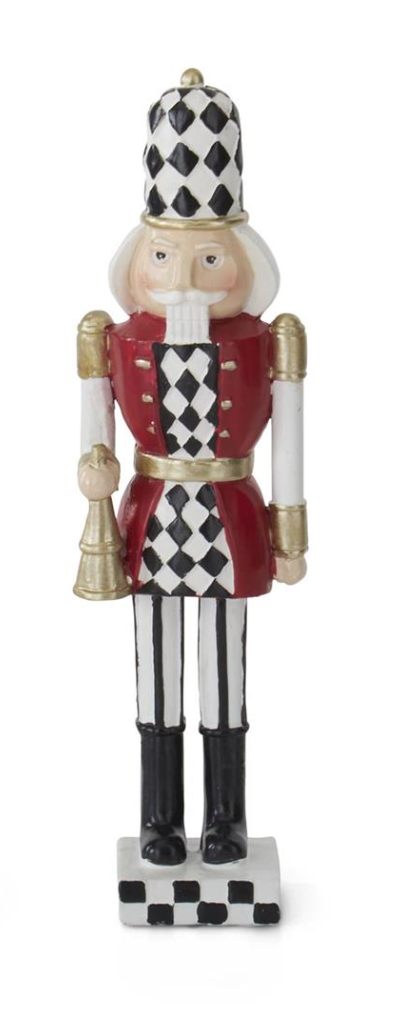 Eight-inch harlequin-patterned resin nutcracker soldier with metal accents in festive holiday decor.