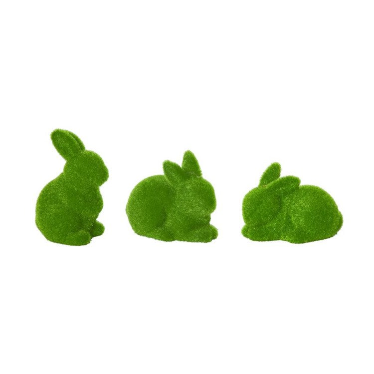 Small ceramic bunny figurine in moss green with flocked texture.