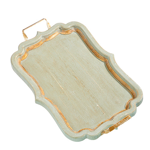 Distressed blue wooden tray with iron frame featuring a rustic rectangular silhouette.