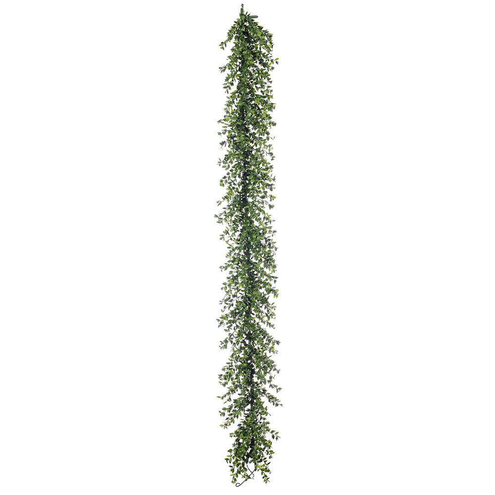 6' green PVC mini leaf garland with 210 leaves and 50 warm white LED lights.