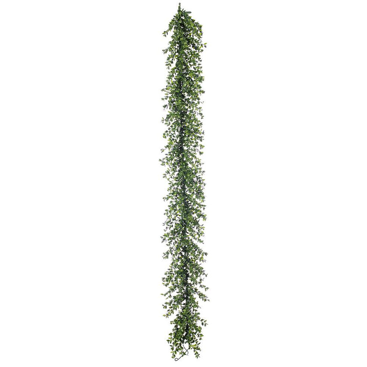 6' green PVC mini leaf garland with 210 leaves and 50 warm white LED lights.