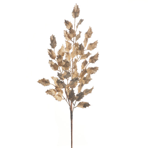36-inch gold glittered holly leaf spray with a long brown stem.