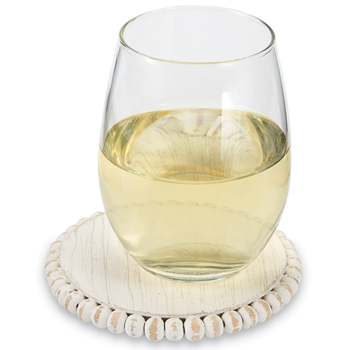 Beaded wood coaster with natural grain finish and intricate decorative beadwork pattern.