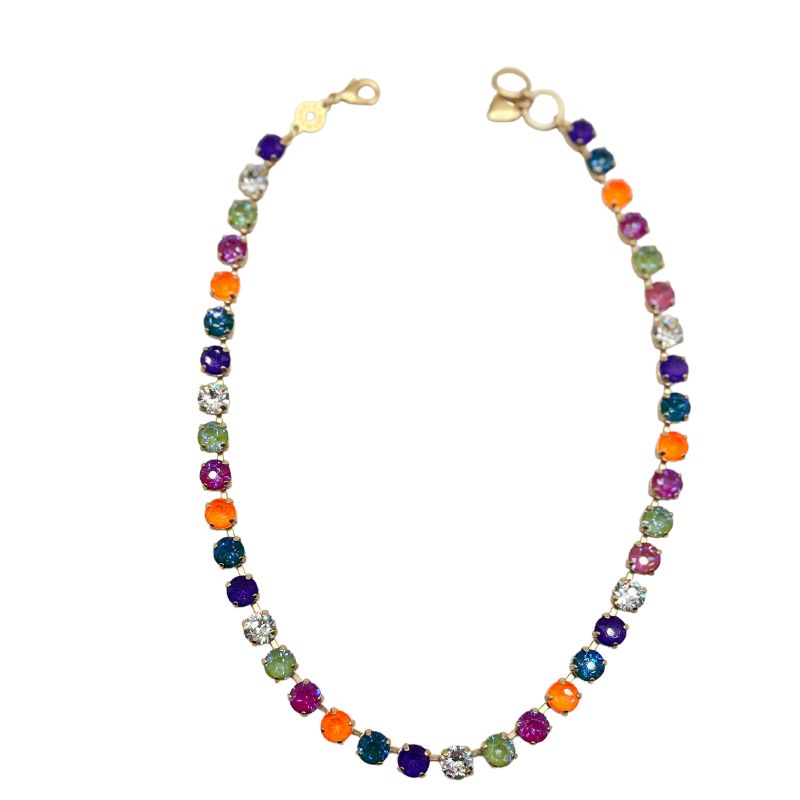 RIO gold necklace featuring a single strand of multicolored round crystals in a repeating pattern.