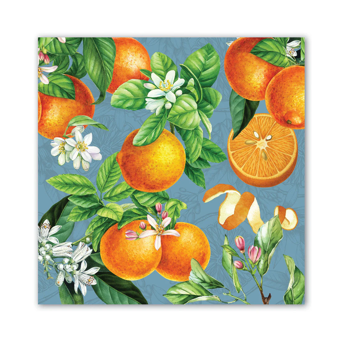 Luncheon napkin featuring a botanical watercolor pattern of oranges, blossoms, and leaves on blue.