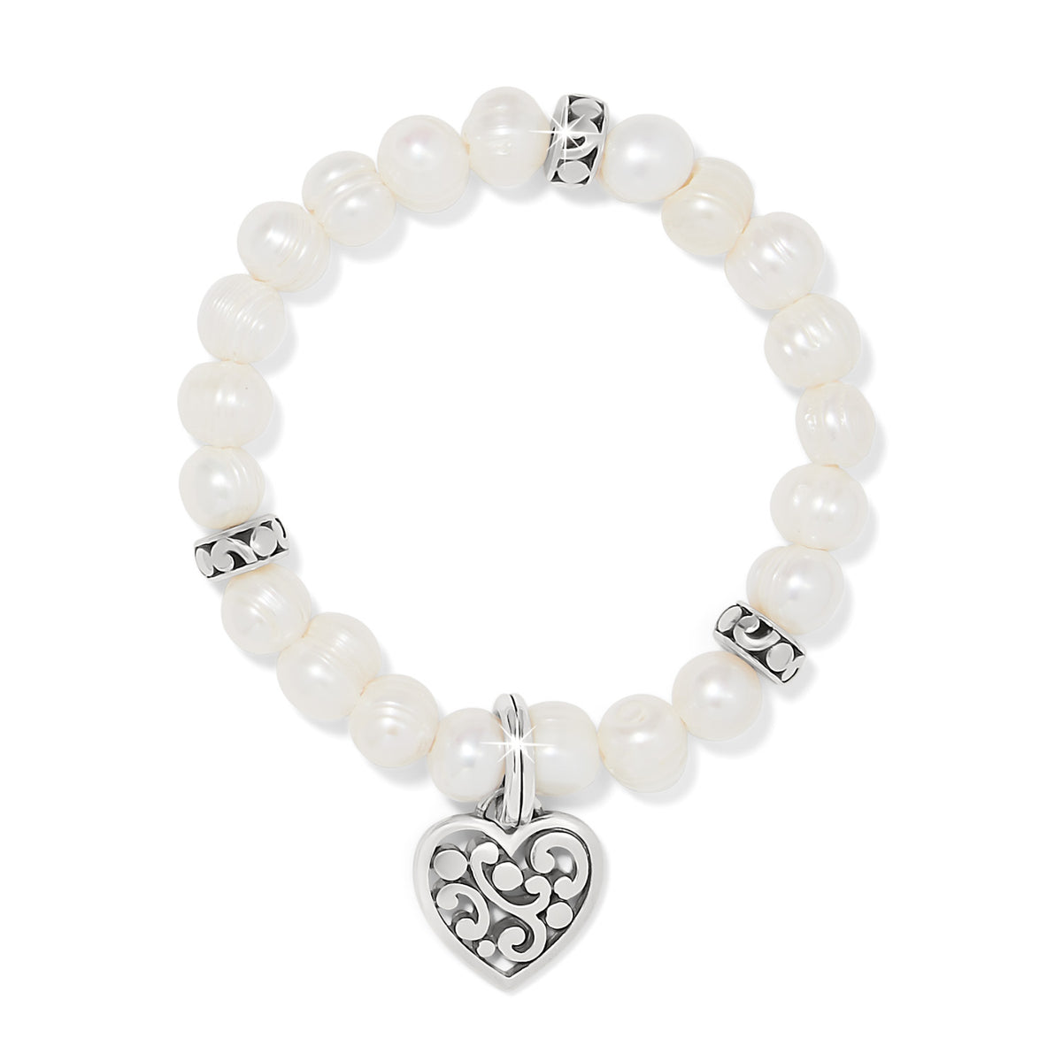 Contempo Heart Pearl Stretch Bracelet with freshwater pearls and a silver-plated filigree heart.