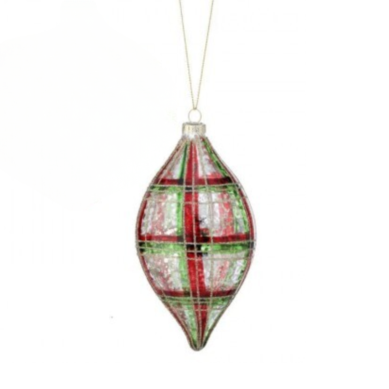 Merc glass plaid finial ornament with red and green grid pattern and silver glitter accents.