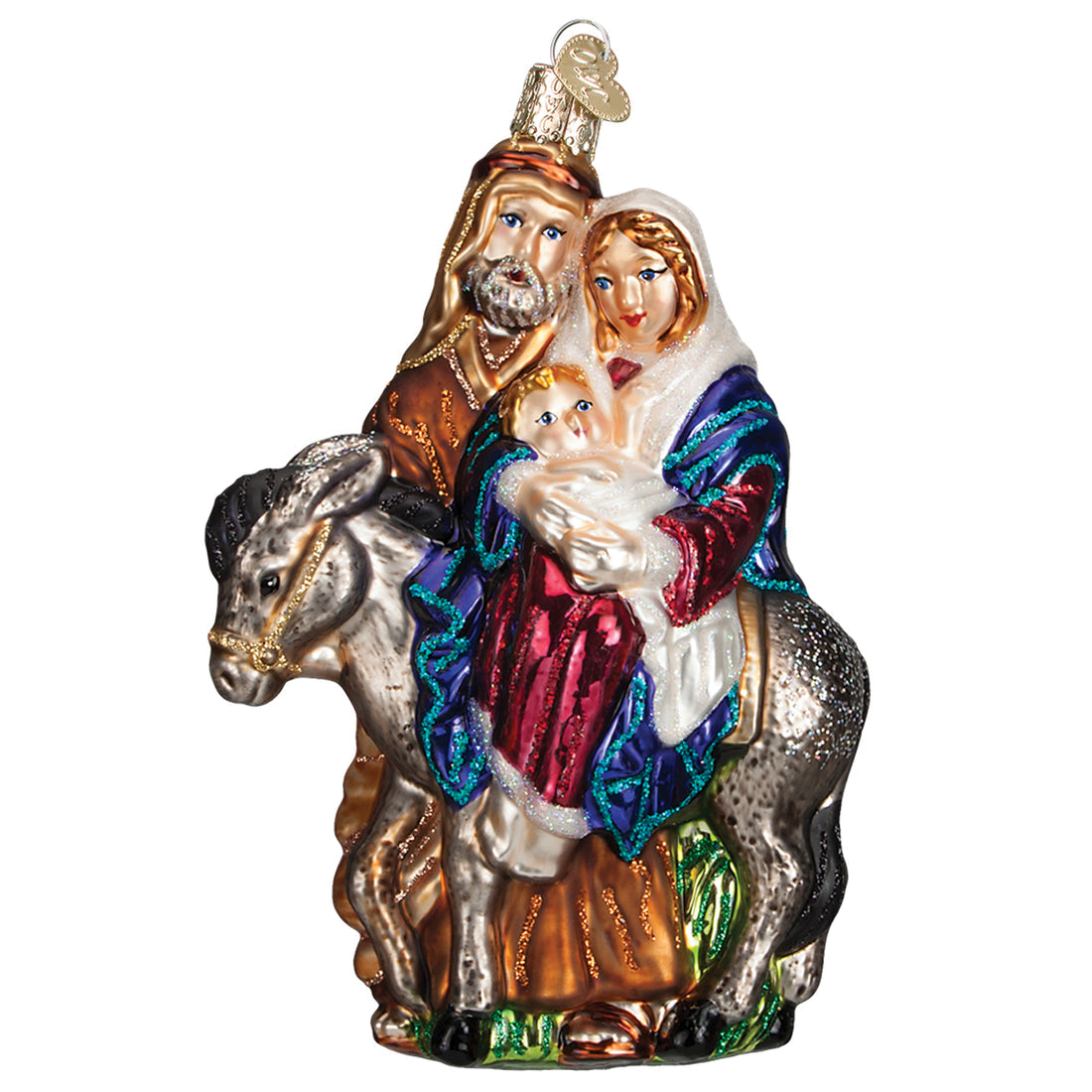 Glass Flight to Egypt ornament featuring Mary, Joseph, and baby Jesus on a donkey.