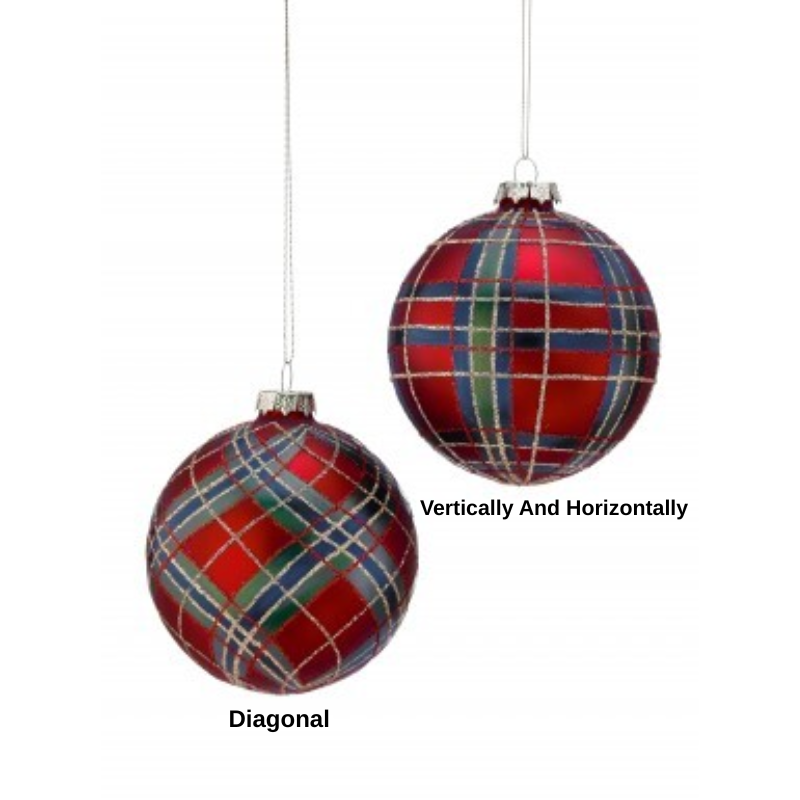 4-inch red glass plaid glitter ornaments in diagonal and vertical/horizontal patterns.