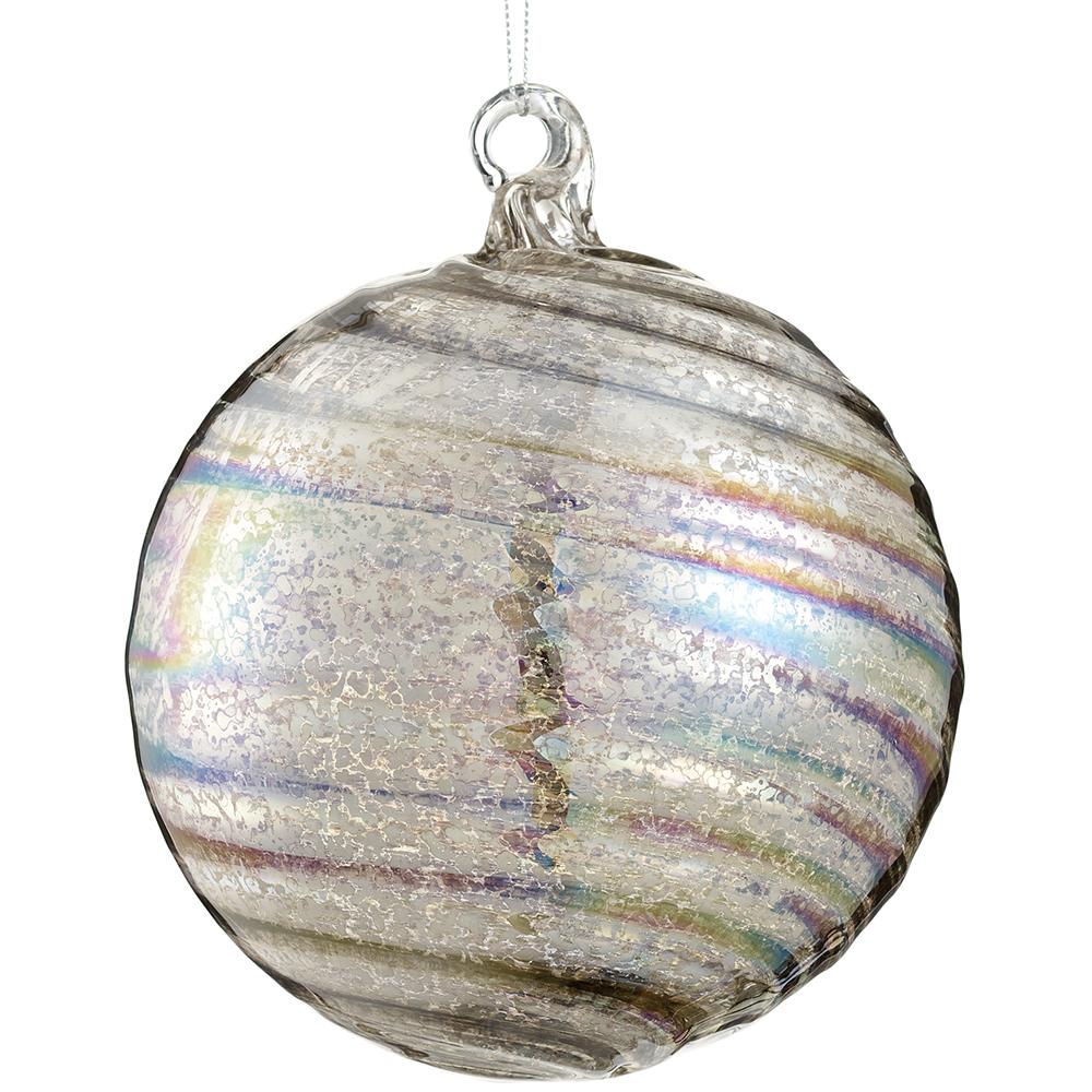 6-inch silver iridescent mercury glass ball ornament with horizontal textured stripes.