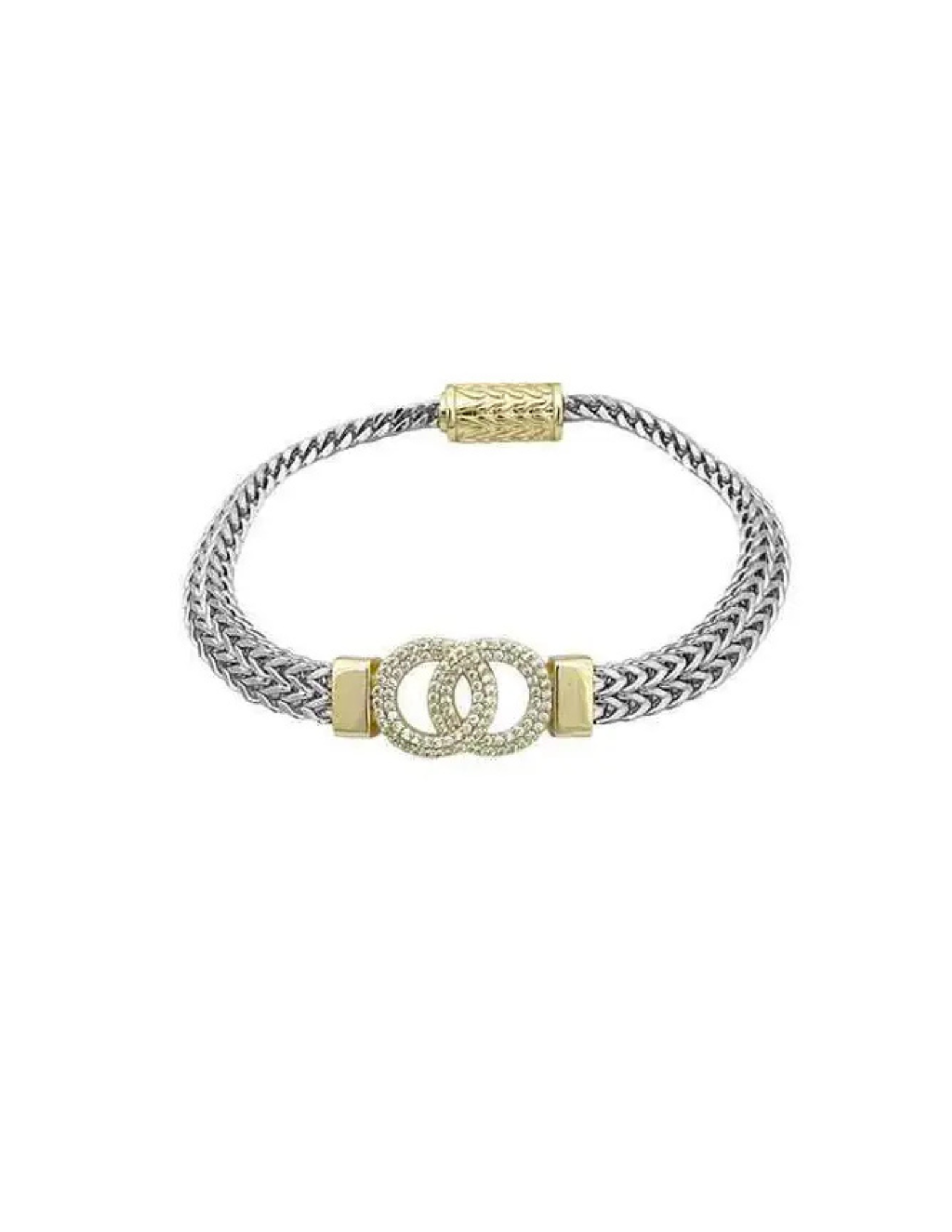 Two-tone interlocking mesh bracelet with silver-tone chain and gold-tone pavé accents.