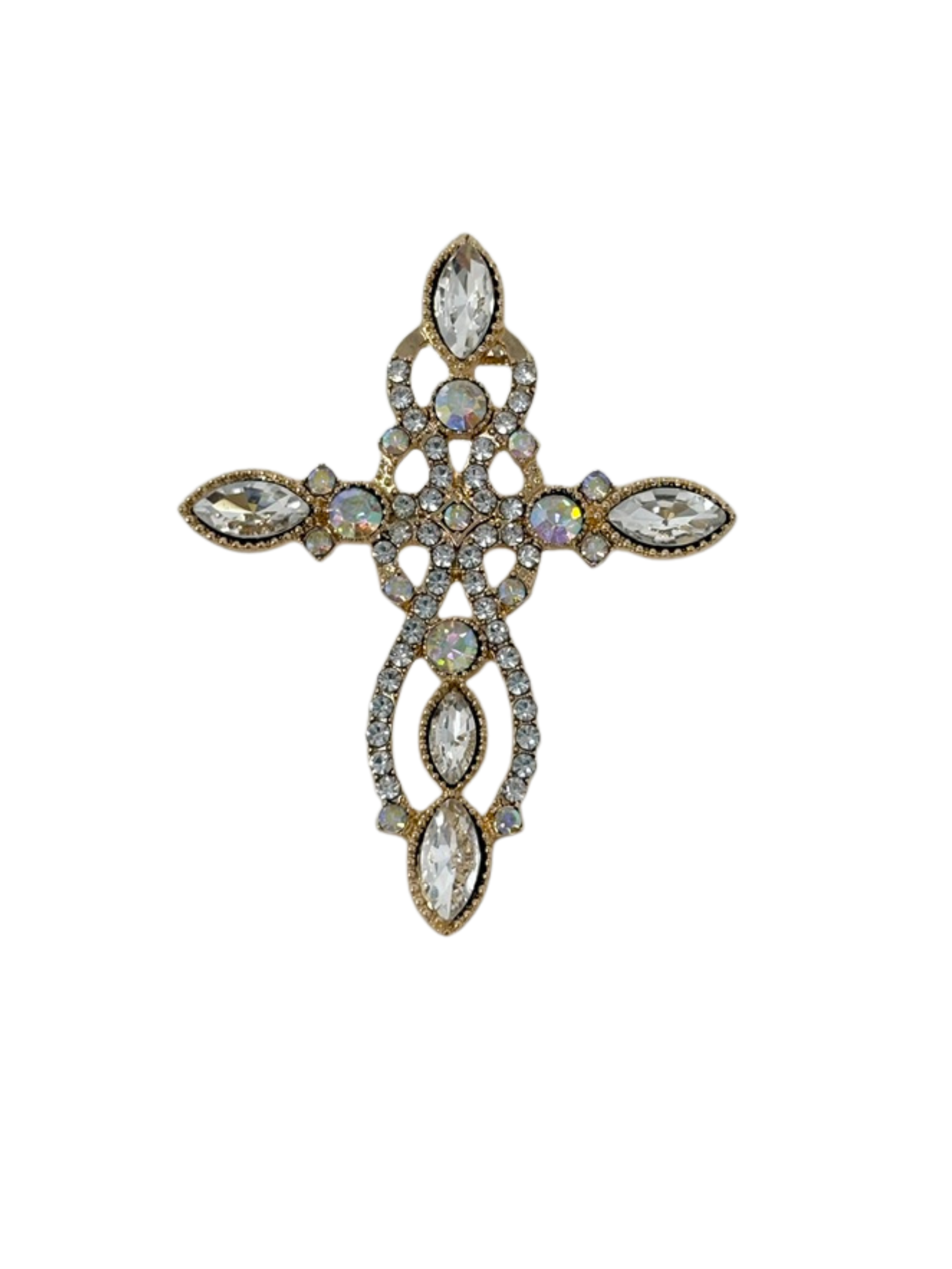 Gold-tone cross brooch featuring clear marquise-cut and iridescent round gemstones.
