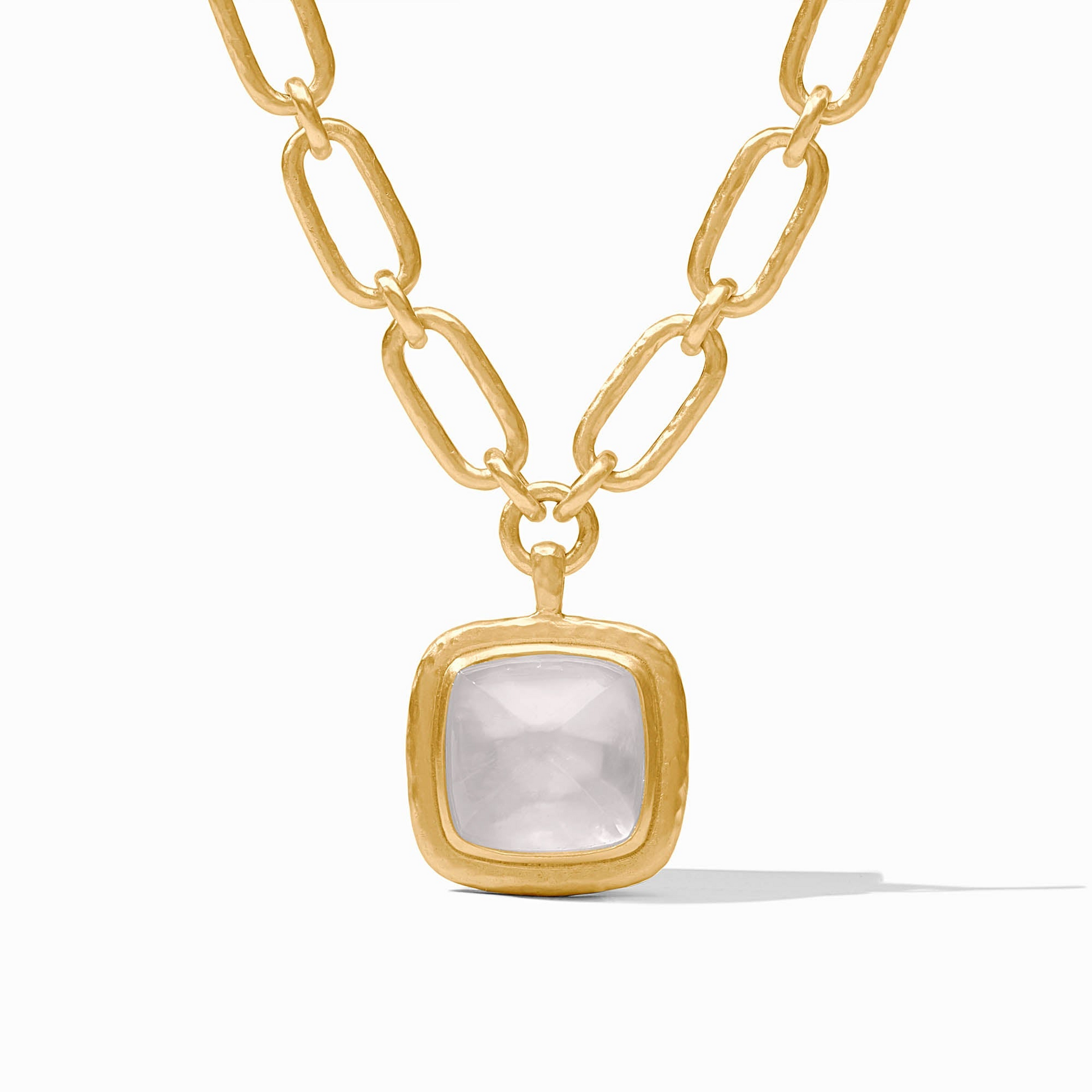 Sahara Statement Necklace in 24K gold plate with a square clear glass pendant on a link chain.