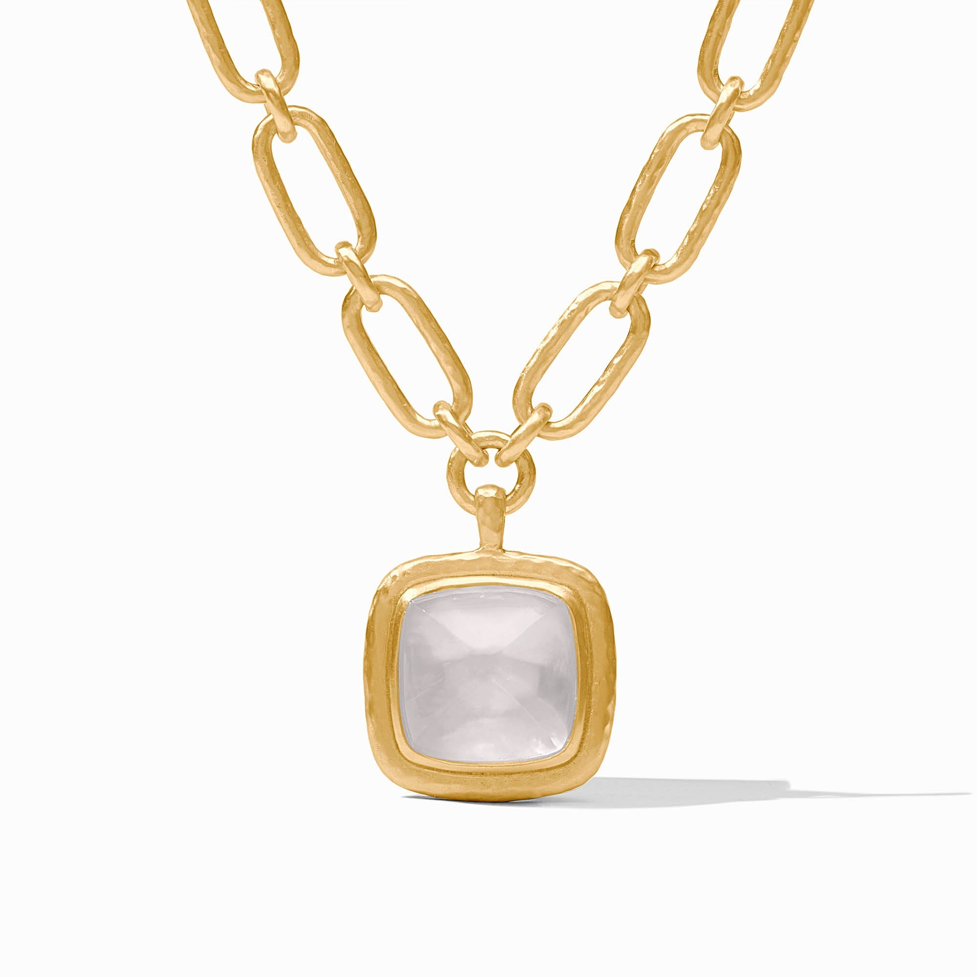 Sahara Statement Necklace in 24K gold plate with a square clear glass pendant on a link chain.