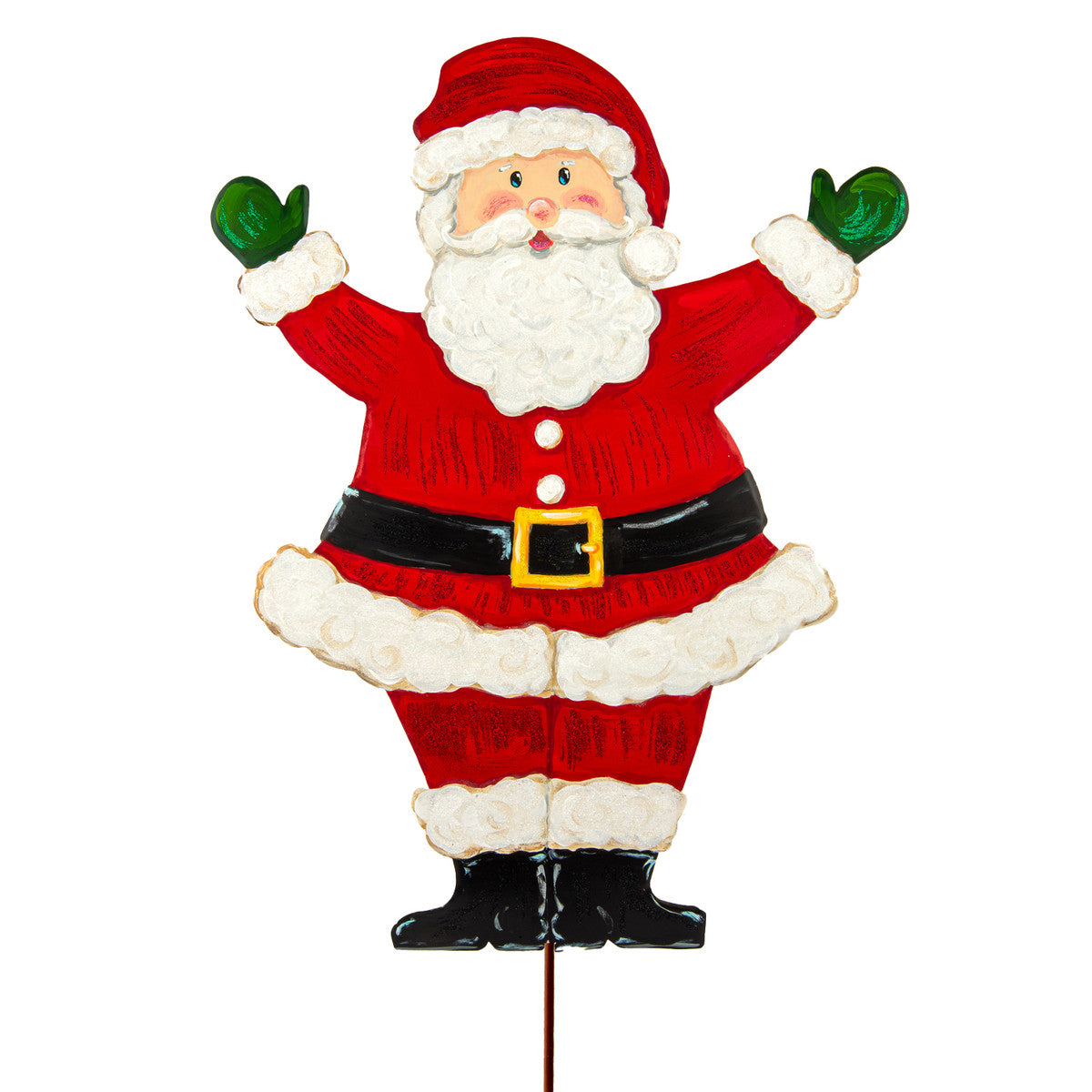 Joyful Santa Yard stake featuring a festive red and white Santa Claus figure with green foliage accents.