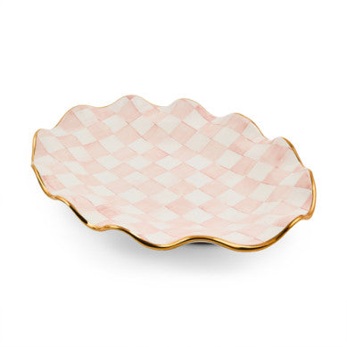 Hand-painted rosy check ceramic serving platter with gold lustre embellishments and a large rectangular silhouette.