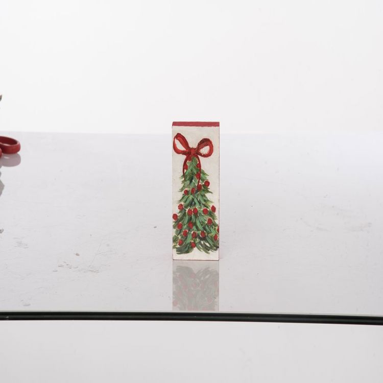 MDF hand-painted holiday tree block featuring a green tree with red berries and a red bow.